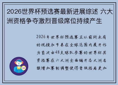 2026世界杯预选赛最新进展综述 六大洲资格争夺激烈晋级席位持续产生 2026世界杯预选赛最新进展综述 六大洲资格争夺激烈晋级席位持续产生